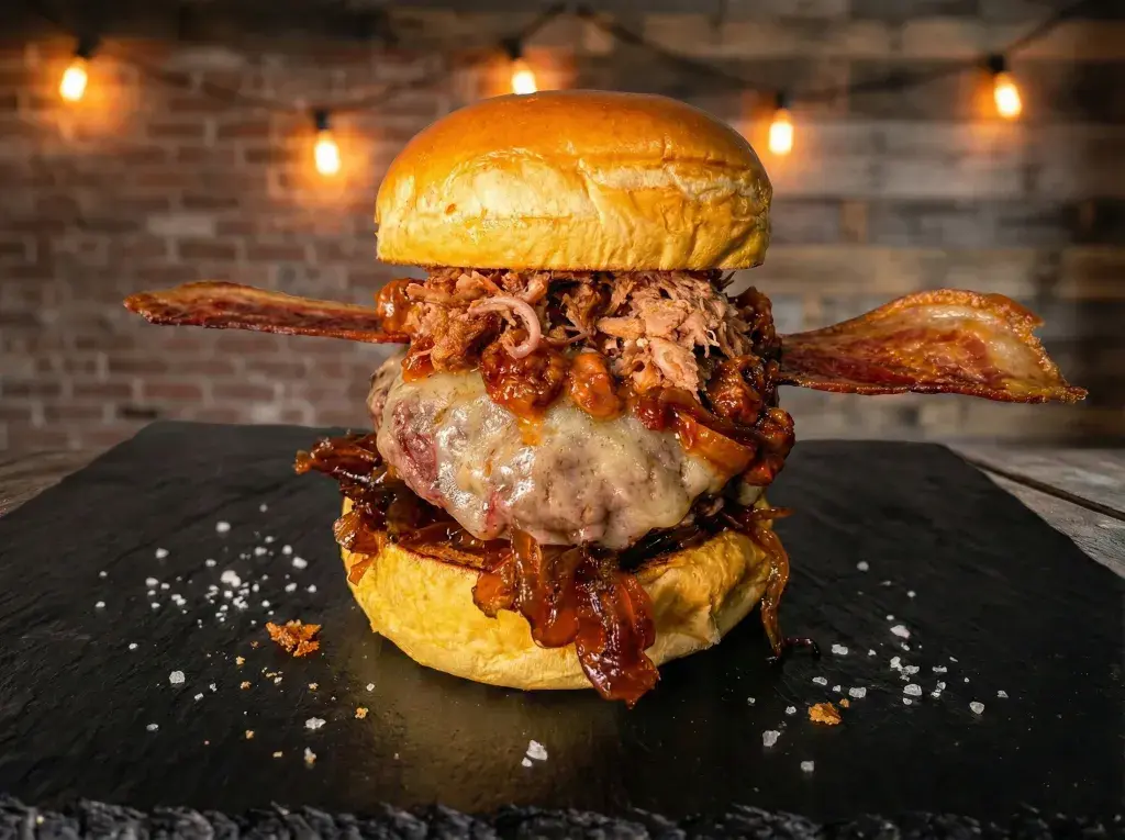 THE CARNIVAL 🍞  Pan Brioche
🧅 Cebolla caramelizada al Pedro Ximenez
🥩 200g Carne Madurada( opción smash o fat smash)
🧀 Queso Cheddar ingles ahumado 
🥓 Bacon 
🥫 Nuestra salsa de bacon casera
🐽 Pulled pork casero a nuestro rollo de PM 😝