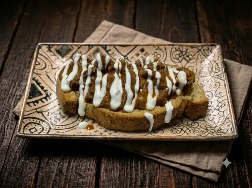 Tosta MONAPINTA Rebanada de pan de campo tostada con nuestra carrillá desmenuzada con nuestro toque y alioli casero 😍