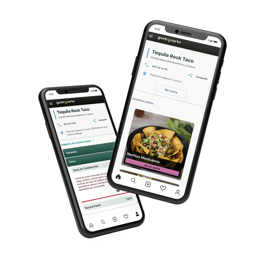 Imagen animada que muestra dos móviles con la aplicación de gastrocarta, uno de ellos el menú de un restaurante y el otro la galería de imágenes del menú con una animación de movimiento