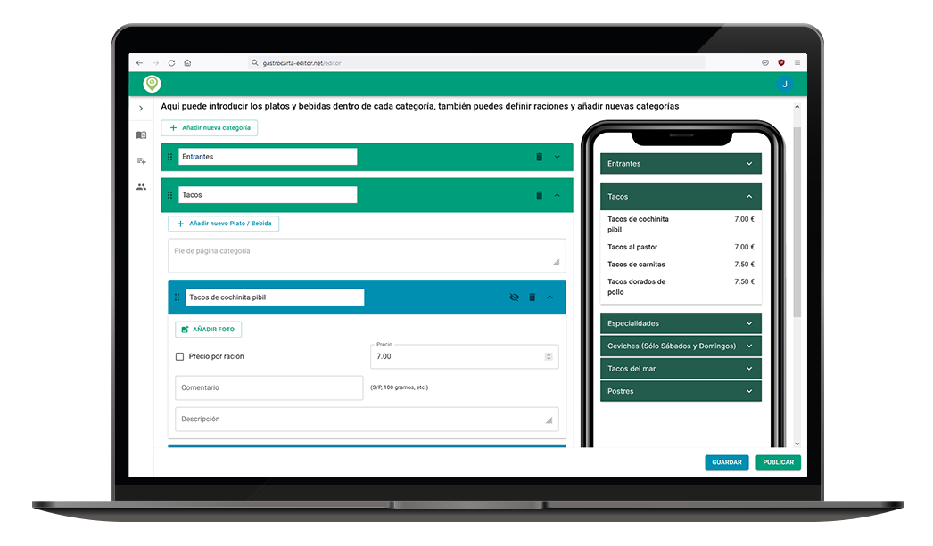 Imagen con la vista del editor de gastrocarta que muestra alguna de las opciones y herramientas de las que dispone